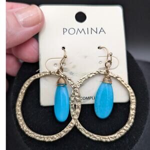 Pomina Hammered Gold Hoop Earrings Turquoise blue Teardrop Dangle Drop Boho